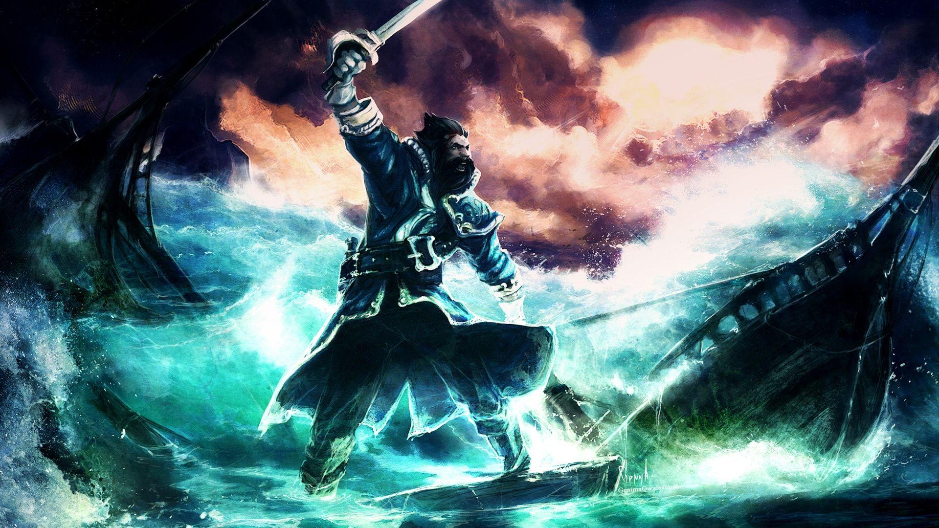 The Dota 2 Hero Kunka stands amid the ocean waves with his sabre held above his head