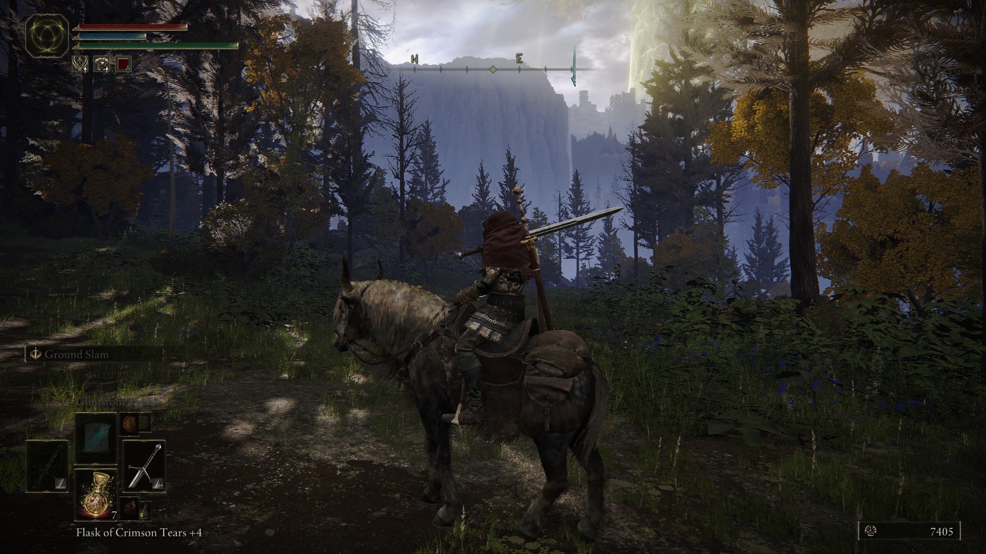 An Elden Ring character on horseback explores the forests of the land between