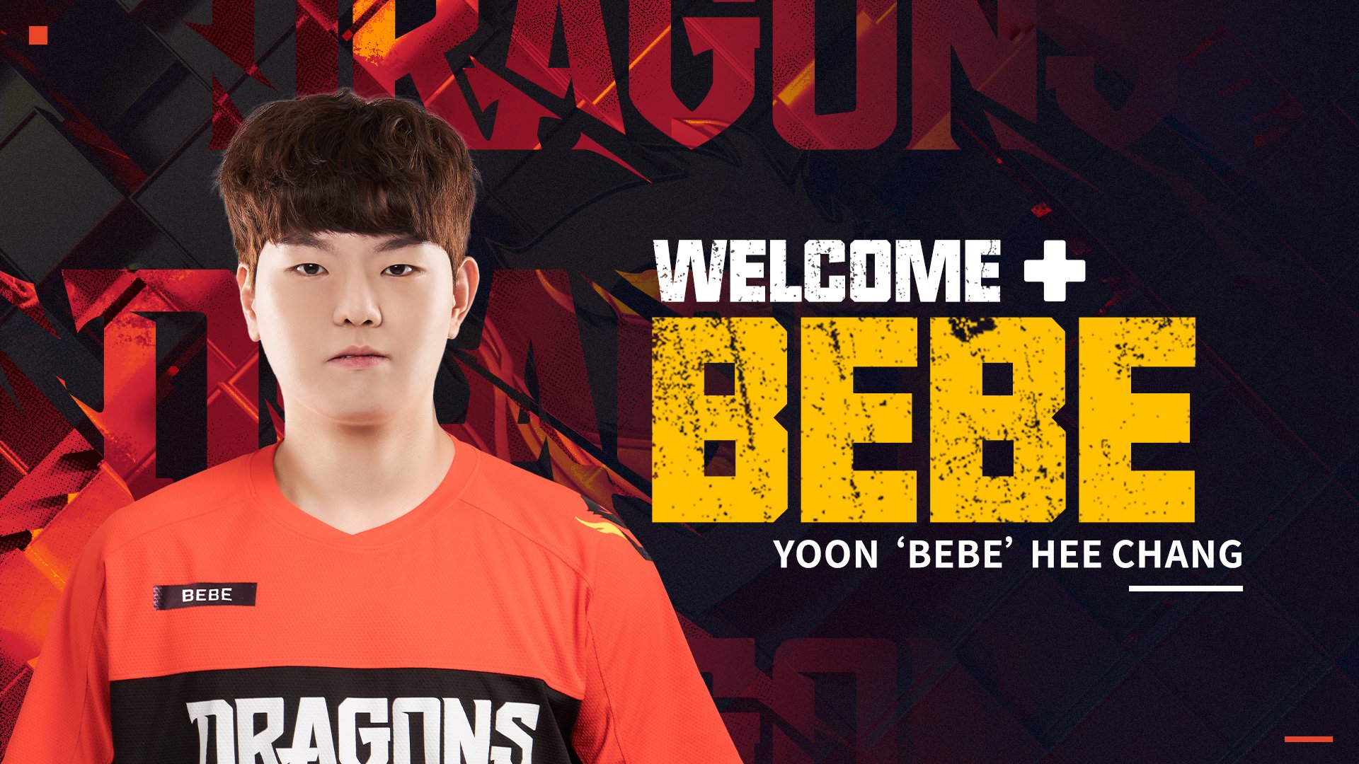 The words "Welcome Bebe" appear alongside a profile picture of Hui-chang "BeBe" Hoon in his Shanghai Dragons jersey