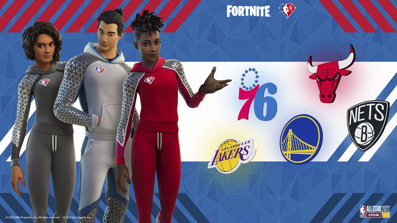 Some examples of the available skins and sprays in the Fortnite x NBA 75 CollabTeams