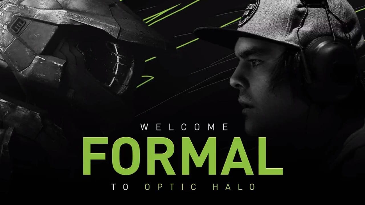 Matthew "Formal" Piper appears in a black and white image, beneath the words "Welcome Formal to Optic Halo" are written in green letters