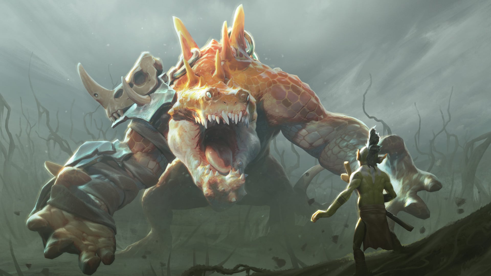 The new hero in Dota Patch 7.31, Primal Beast, a bipedal dinosaur with armored scales