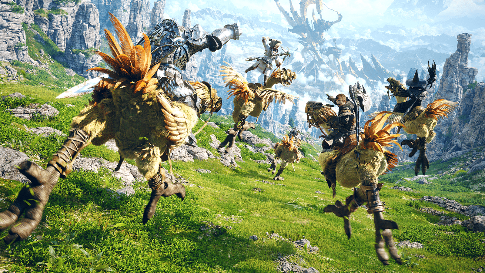 Chocobos race across the open fields of Aldenard in the MMORPG Final Fantasy XIV