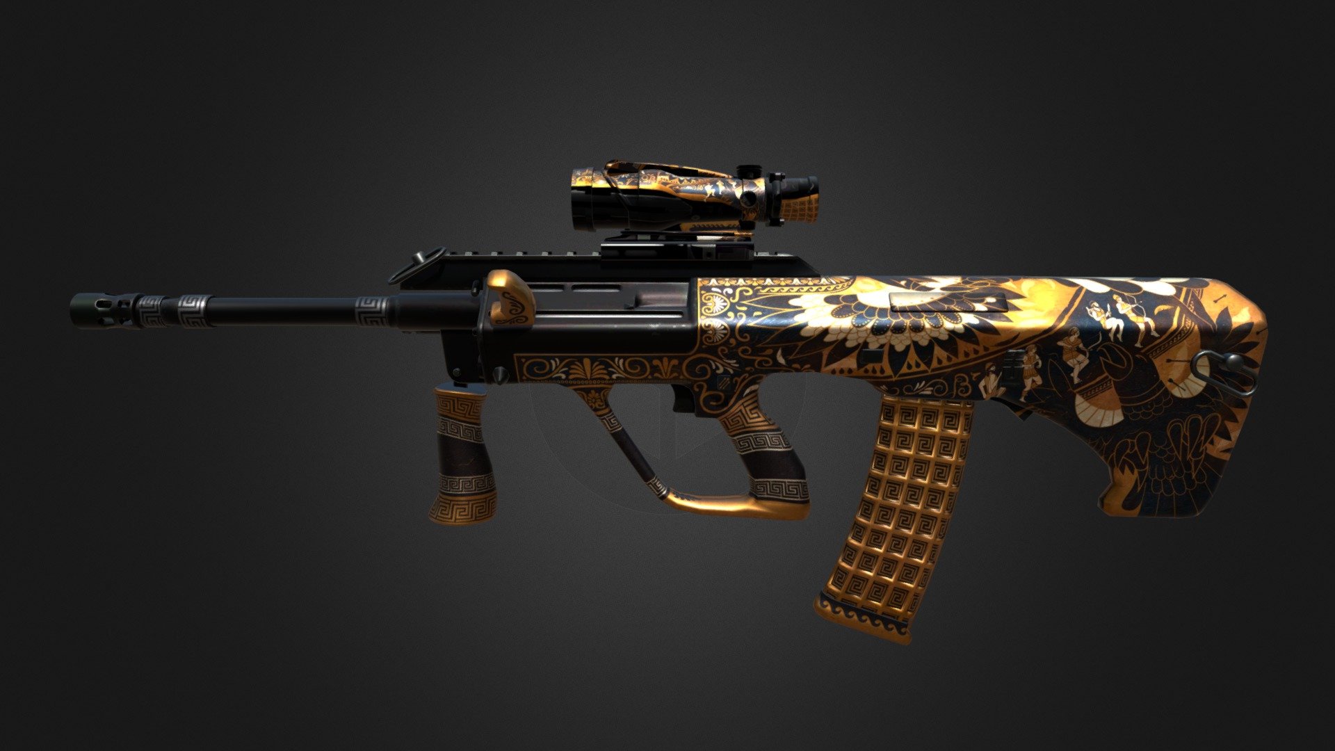 The AUG in CS:GO, a universal army rifle with a gold and black skin