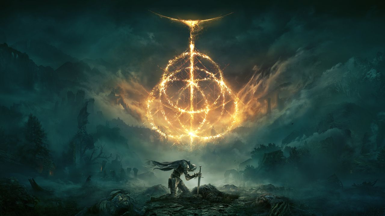 Promotional art for Elden Ring showing an intricate circular pattern of flames glowing in a stormy sky