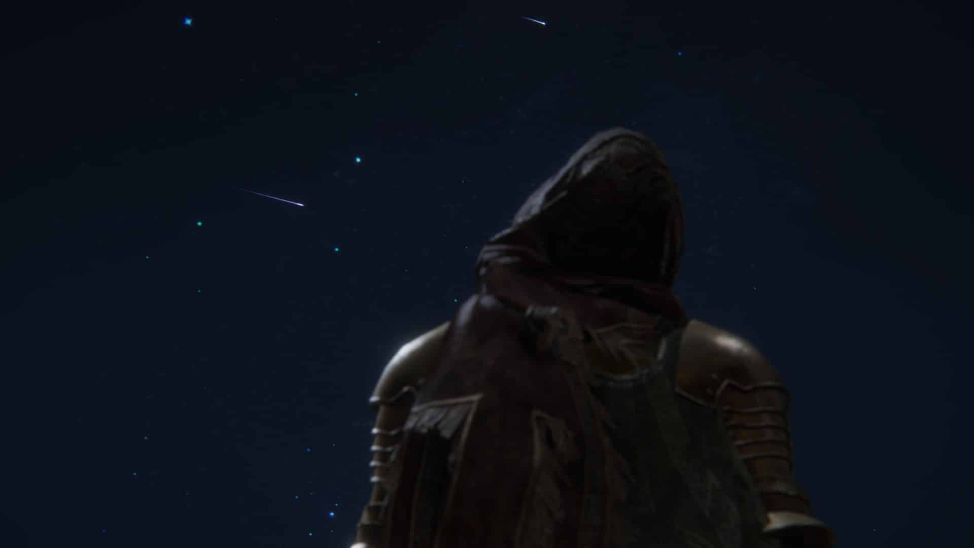 A screen grab of a character in Elden Ring looking up at the starlit sky