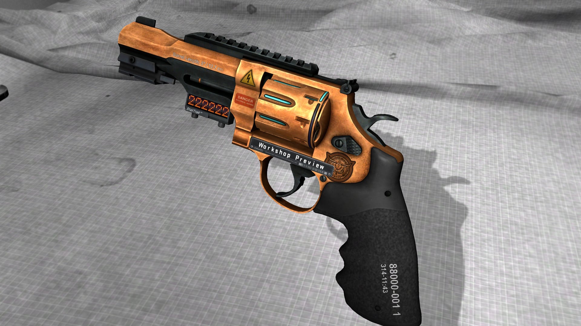 The R8 Revolver in CS:GO, featuring a brass barrel skin with black grip