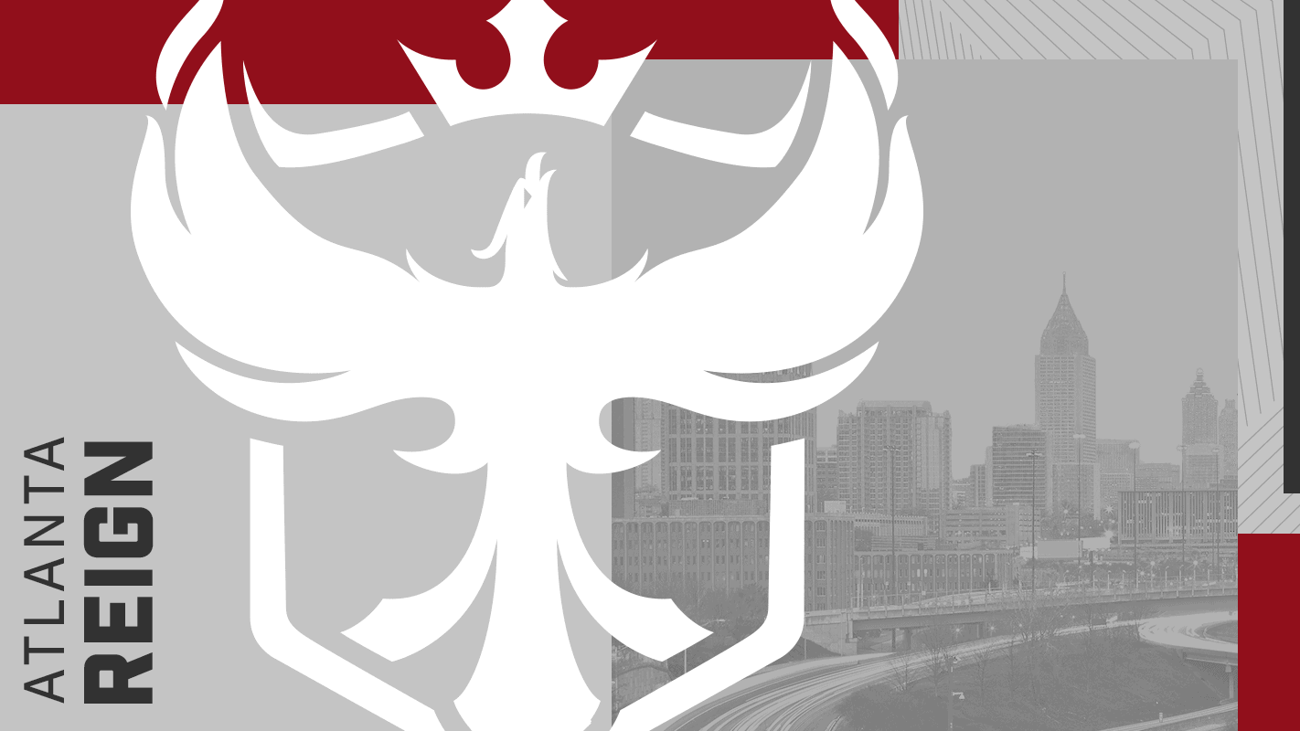 The Atlanta Reign logo of an eagle holding out its wings with a crown over it sits offset from the center with a grey city skyline in the background