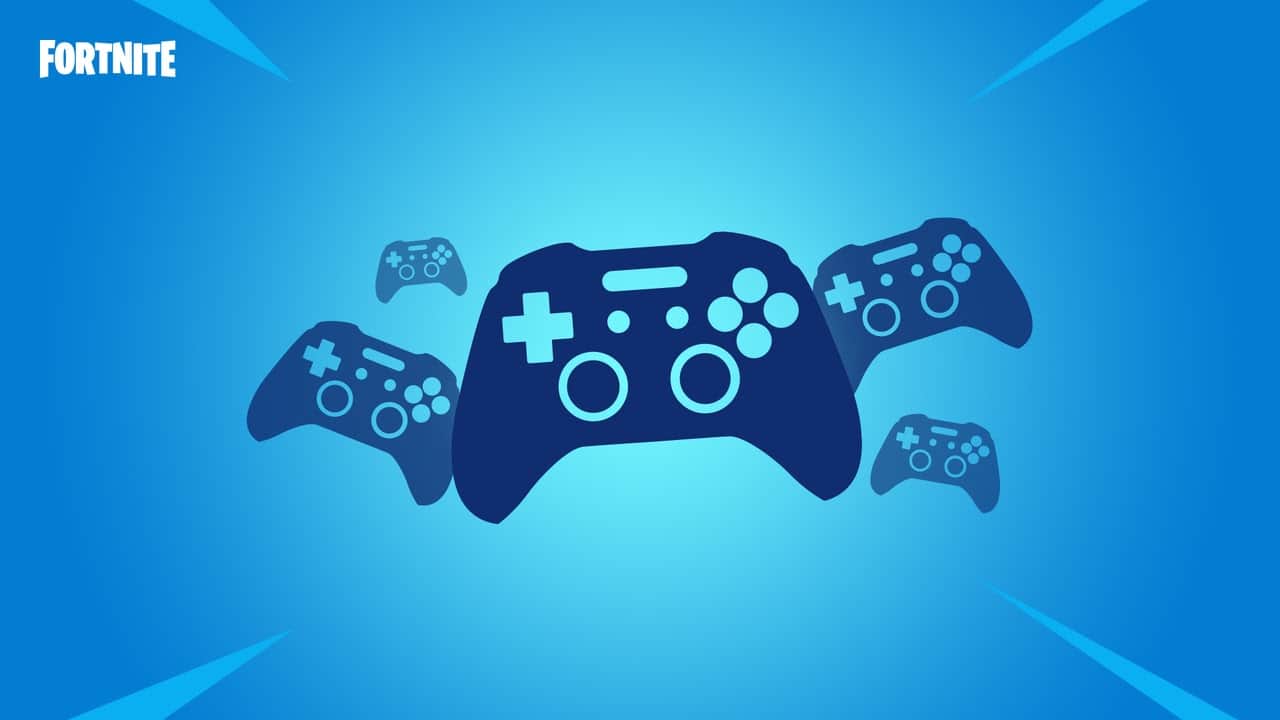 A bunch of Xbox controllers appear with each other on a blue background with the Fortnite logo in the top corner.