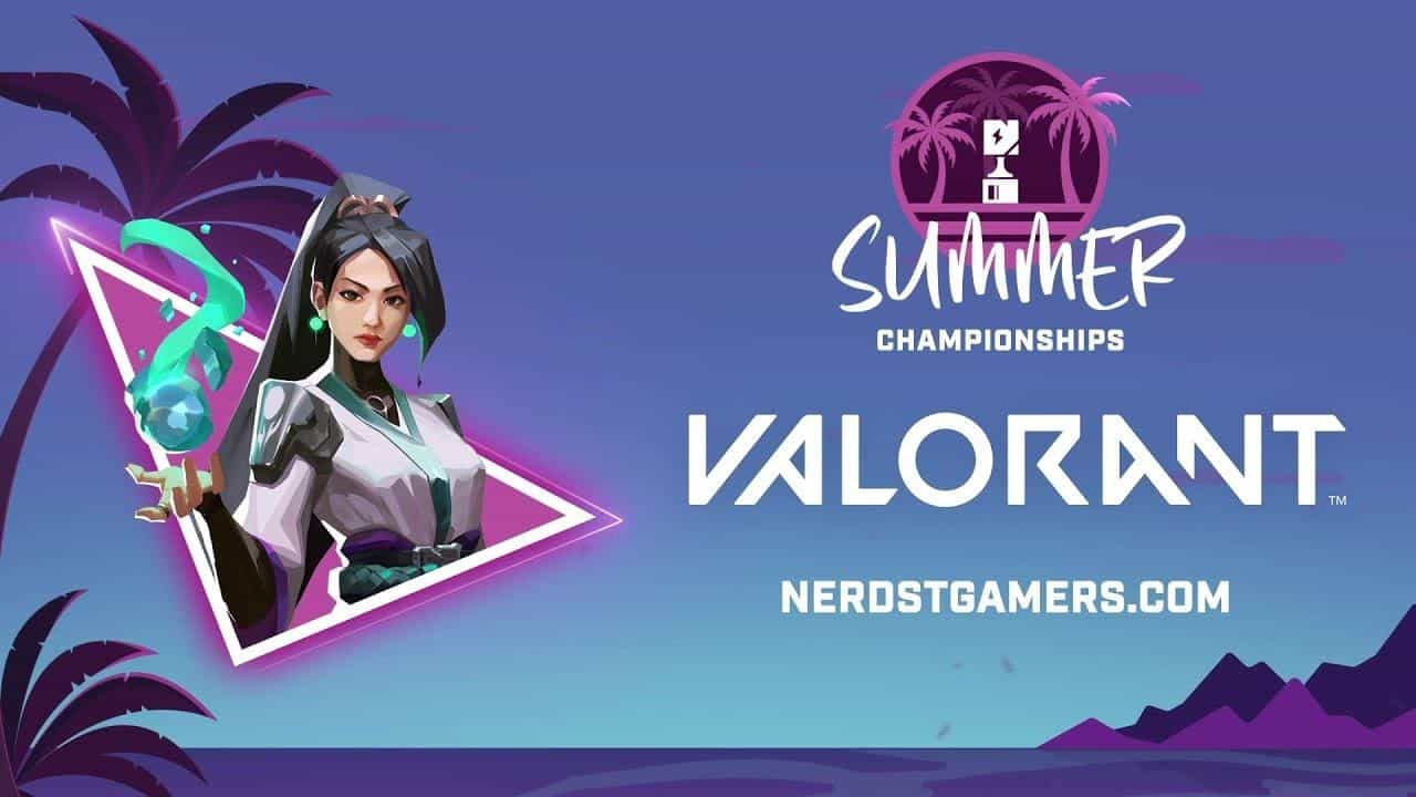 Valorant agent Sage appears in a neon triangle next to the Nerd Street Gaming Summer Championships logo and the Valorant logo, over a beach background.