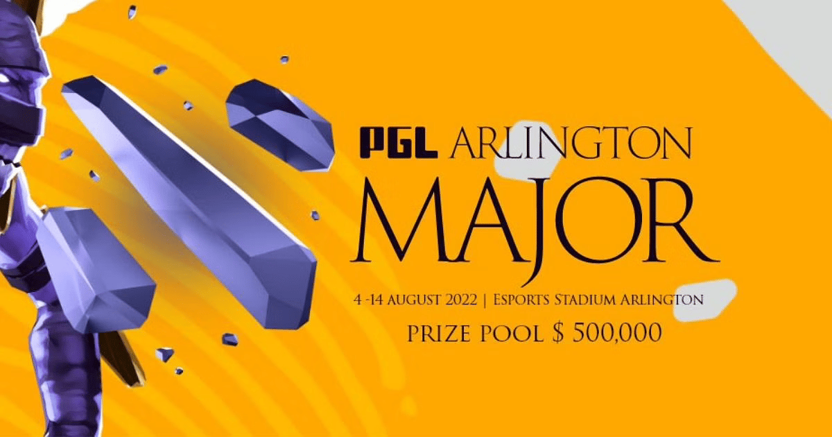 The promotional image for the PGL Arlington Major, showing the Dota 2 logo in purple and the tournament prize pool of $500k USD