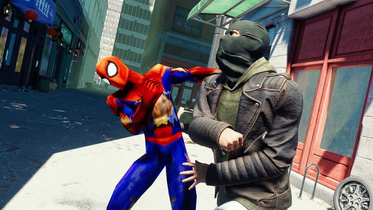 low poly spiderman with battle damage getting his stuff rocked by a super hi-fi, modern rendered hooligan in skii mask