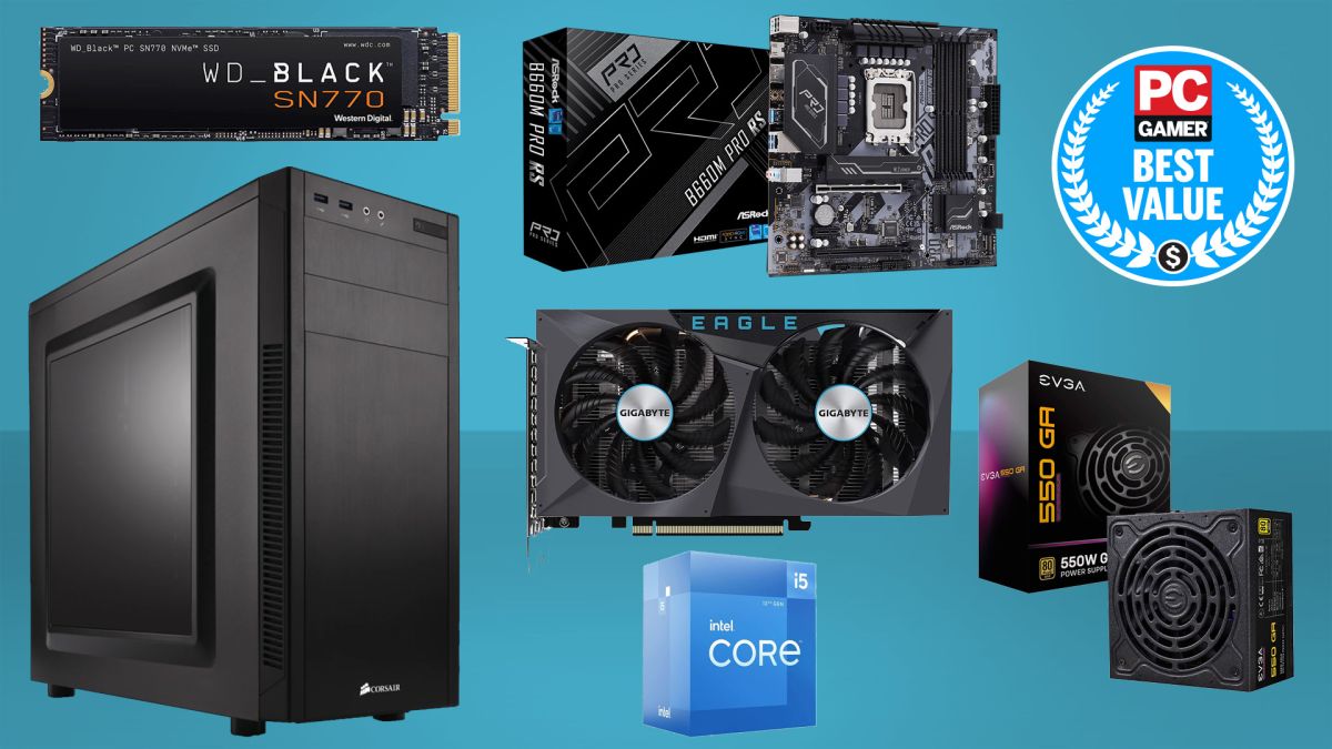 Budget PC build components on a blue background with best value badge