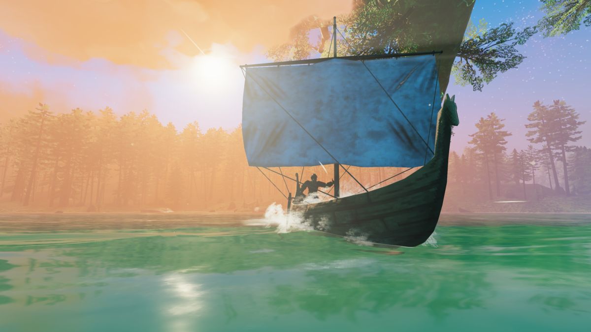 Valheim crossplay - a character is sailing a boat across a green ocean