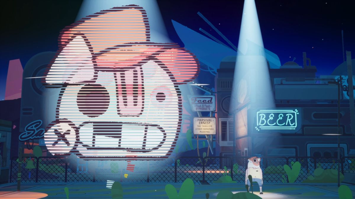 A hologram of Chop, a one-eyed pig with a chipped tooth, looms over a fox-headed human against a Southern American backdrop.