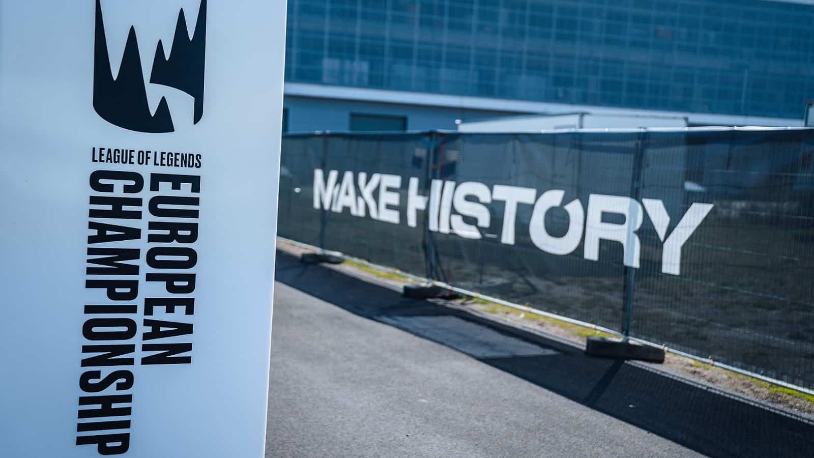 The LEC crown logo appears above the words League of Legends European Championship with a photo of a banner saying "Make History" outside.