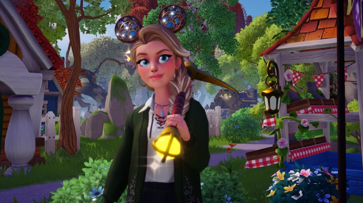 Disney Dreamlight Valley - A player holds their pickaxe standing in front of a tree-lined path between Goofy