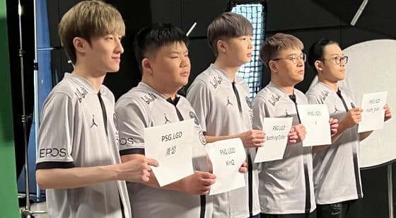 Dota 2 team PSG.LGD posing for a photo on the Media Day of The International 11