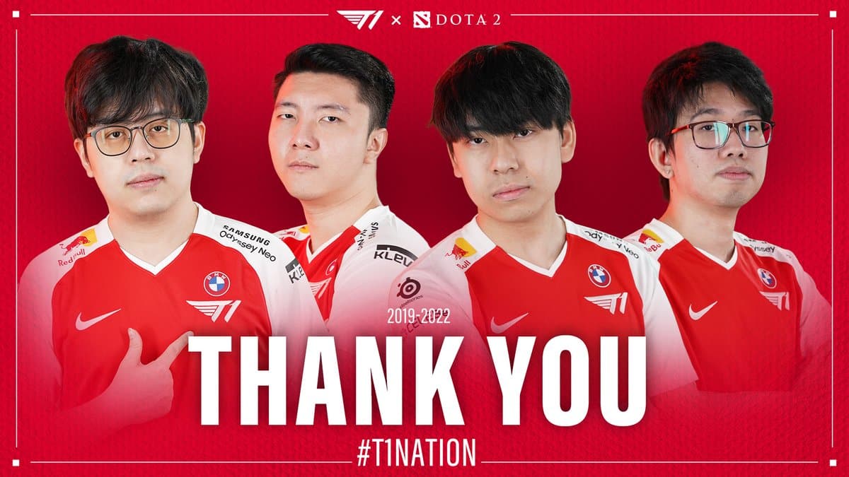 The former Dota 2 roster for T1 appear in their jerseys with the words "Thank You" beneath in bold white letters