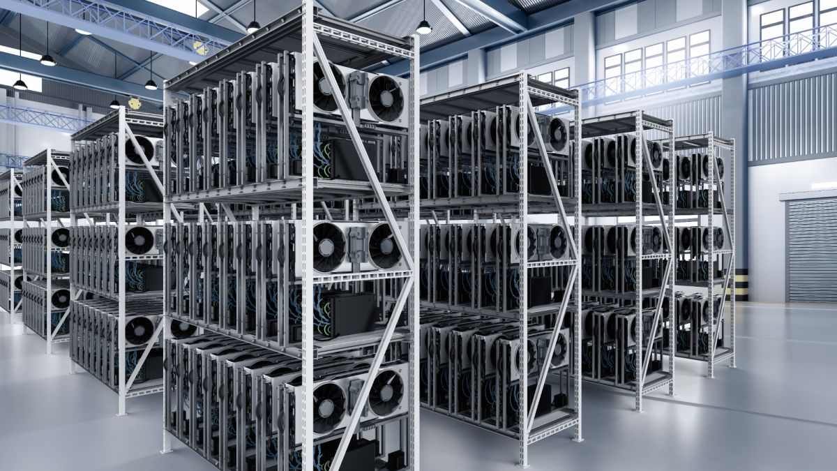 3d render of a gpu mining farm.