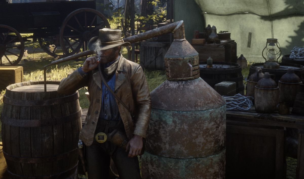 Red Dead Redemption 2 Arthur Morgan smoking near moonshine equipment