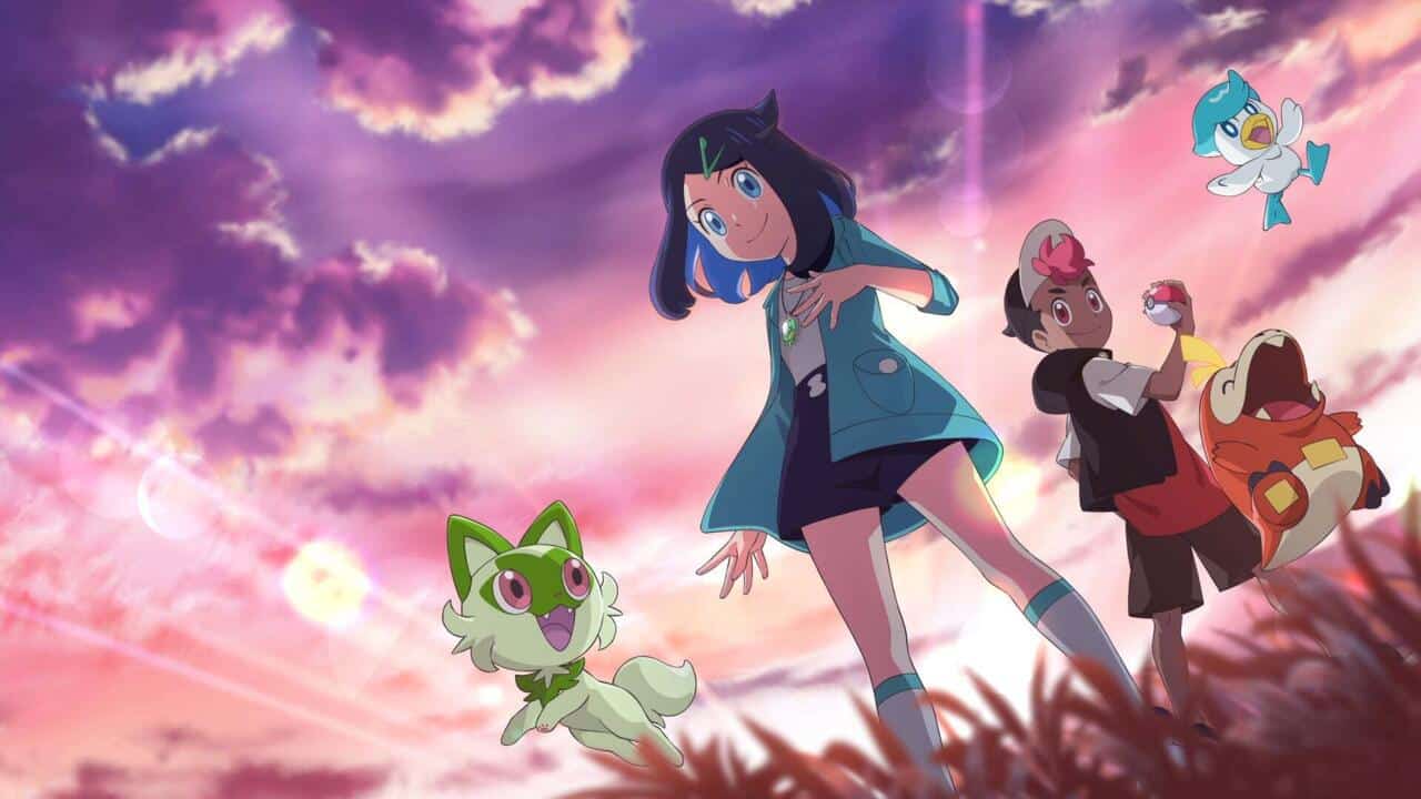 One of the promotional stills released for the Pokemon Anime 2023 featuring the game's new protaganists, Riko and Roy