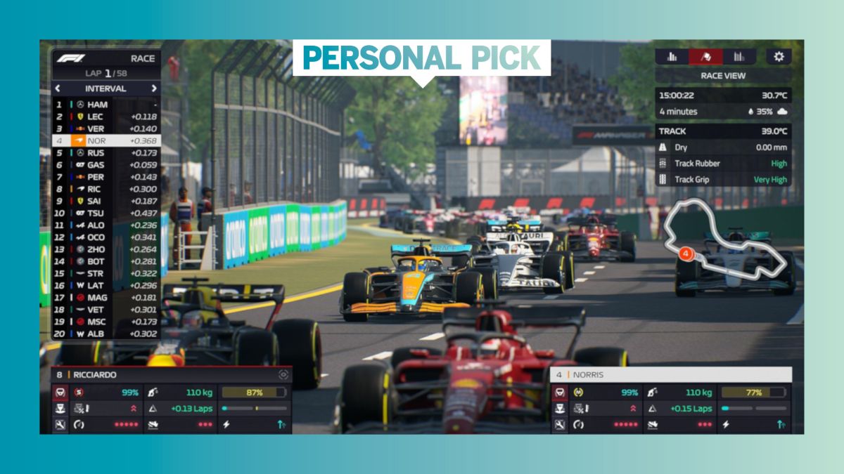 F1 Manager gameplay screen showing cars racing