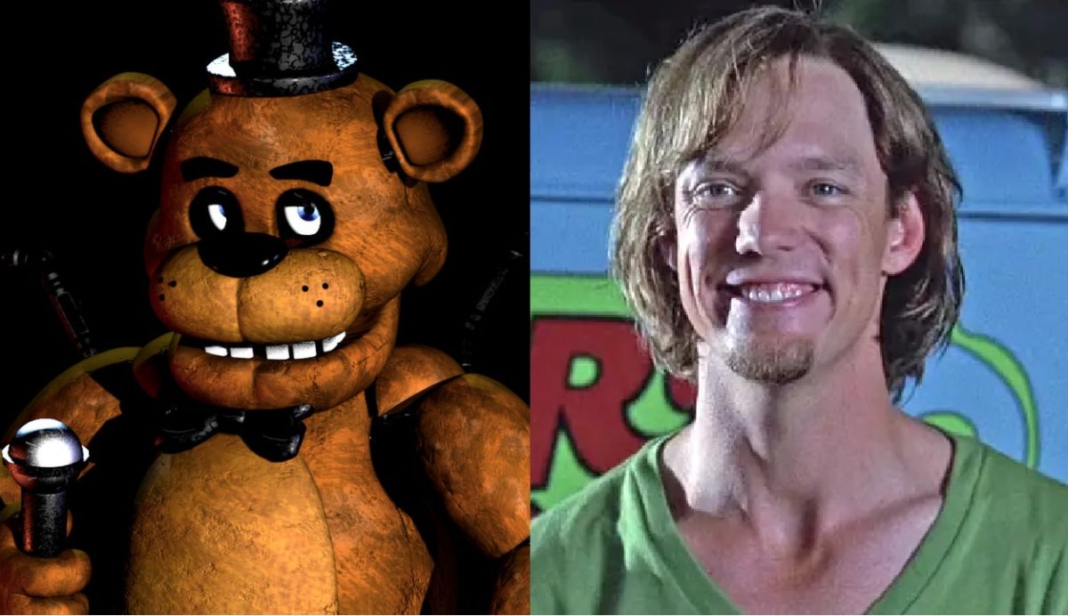 Freddy Fazbear next to Matthew Lillard