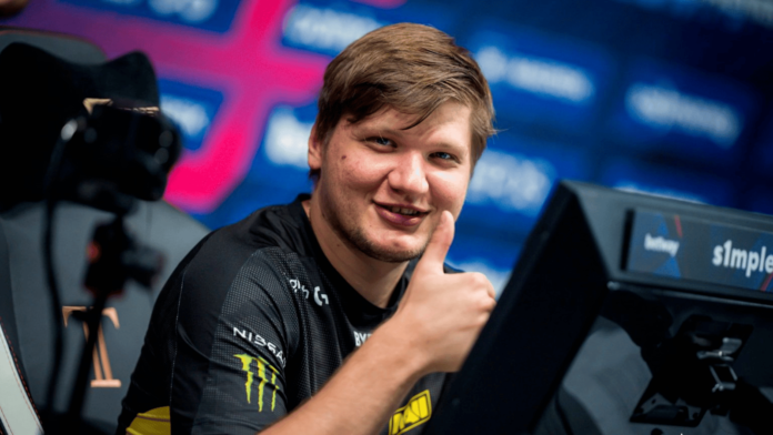 NAVI's Oleksandr "s1mple" Kostyliev gives the camera a thumbs up ahead of a live match of CSGO