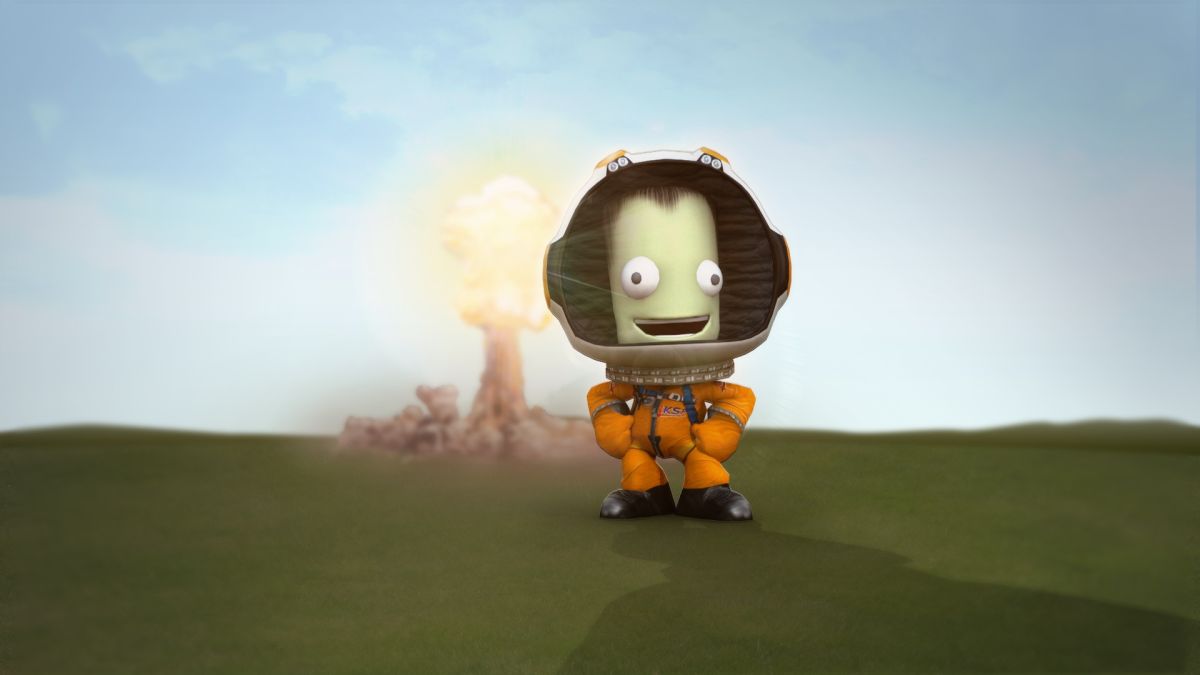 An image of Jebediah Kerman from Kerbal Space Program, standing in front of a detonating rocket.