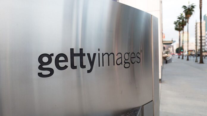 Close-up of logo on sign at the regional office of media licensing company Getty Images in downtown Los Angeles, California, October 24, 2018.