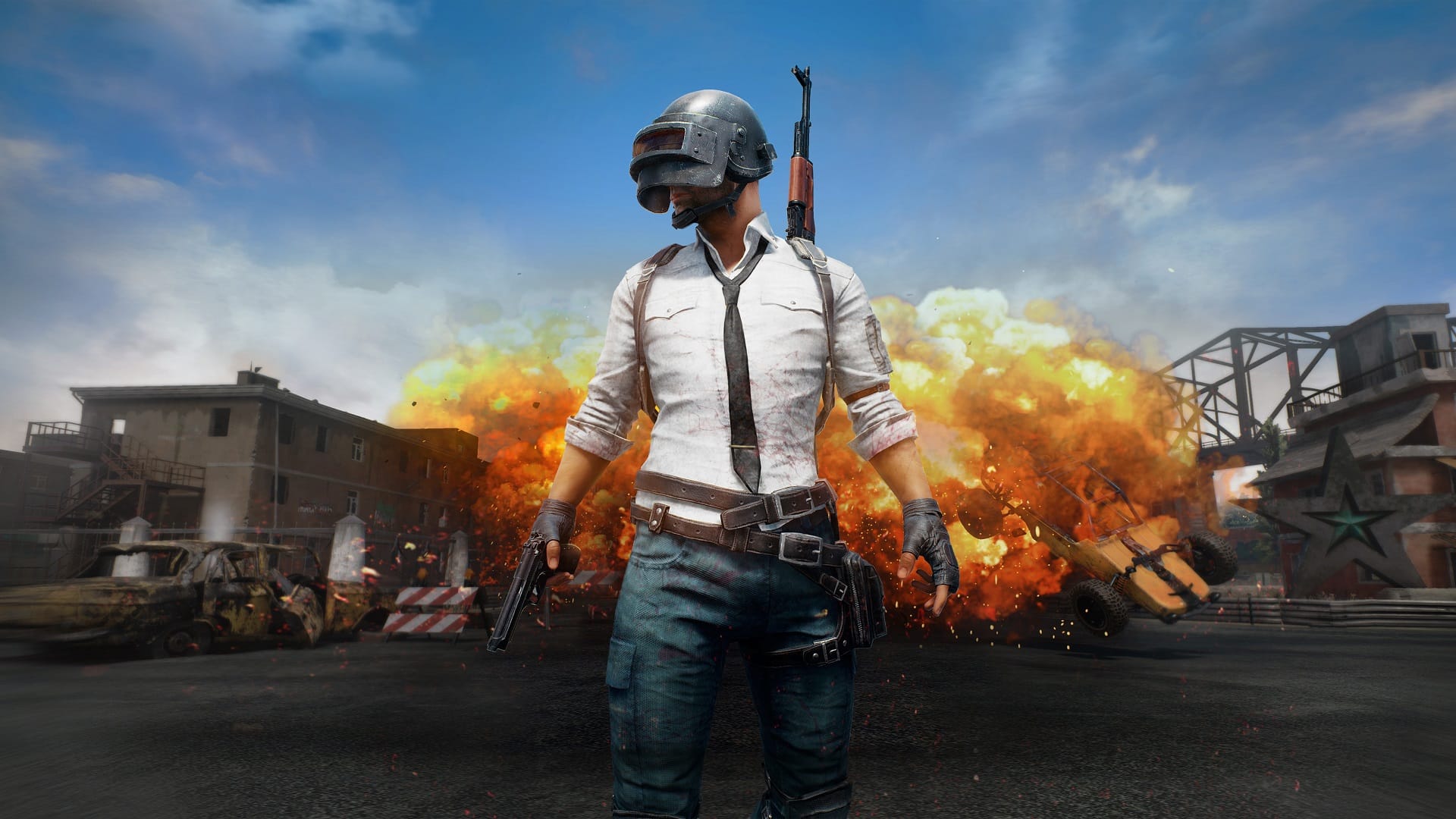 PUBG wallpaper man in shirt and tie standing in front of explosion with a helmet