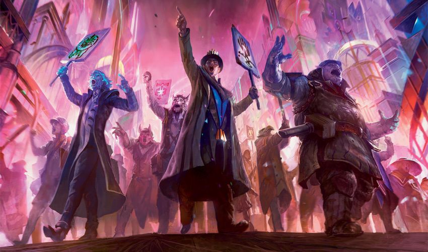 Art of magical creatures protesting from Magic the Gathering