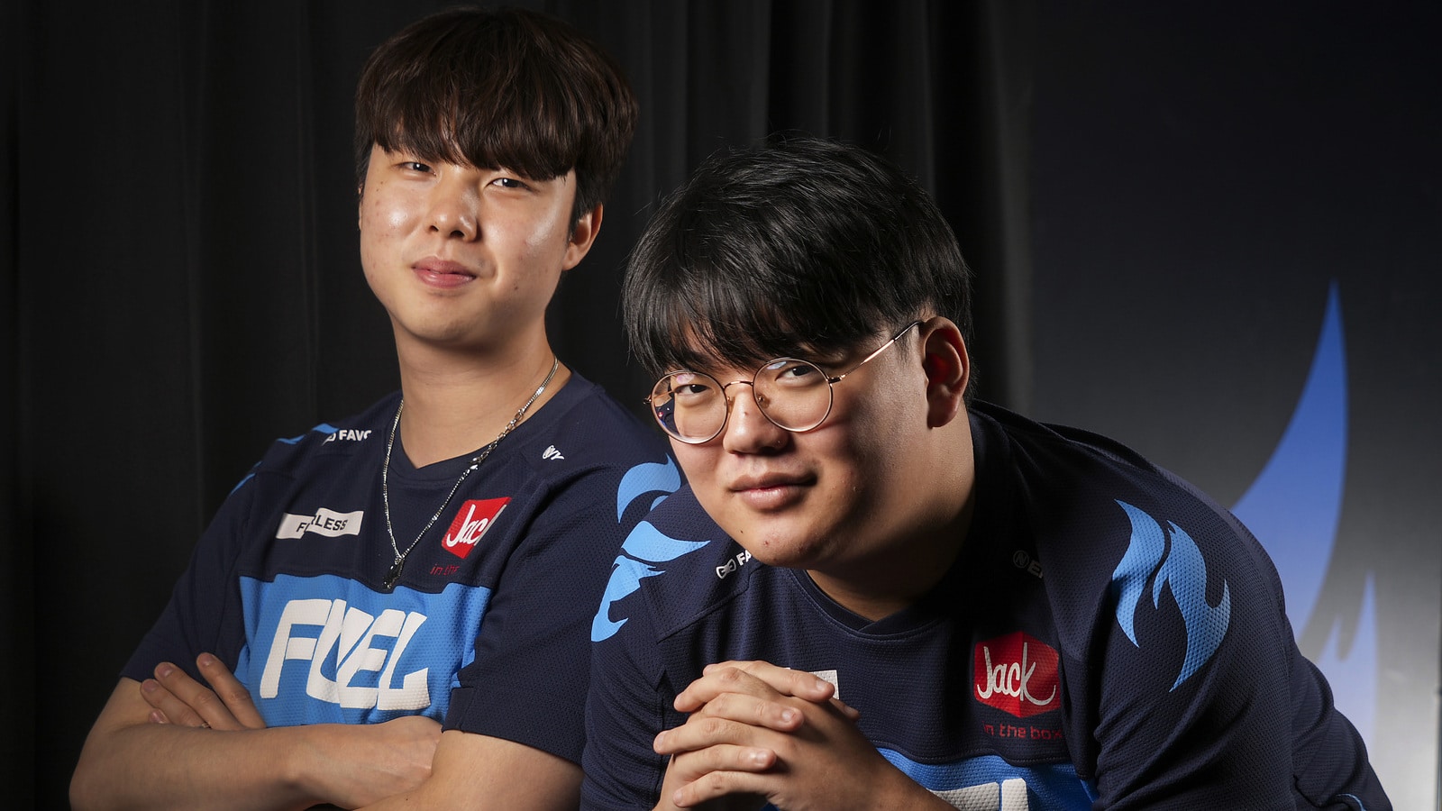 Dallas Fuel tank players Lee "Fearless" Euiseok (left) and Choi "Hanbin" Han-been photographed on Thursday, April 21, 2022, in Dallas.