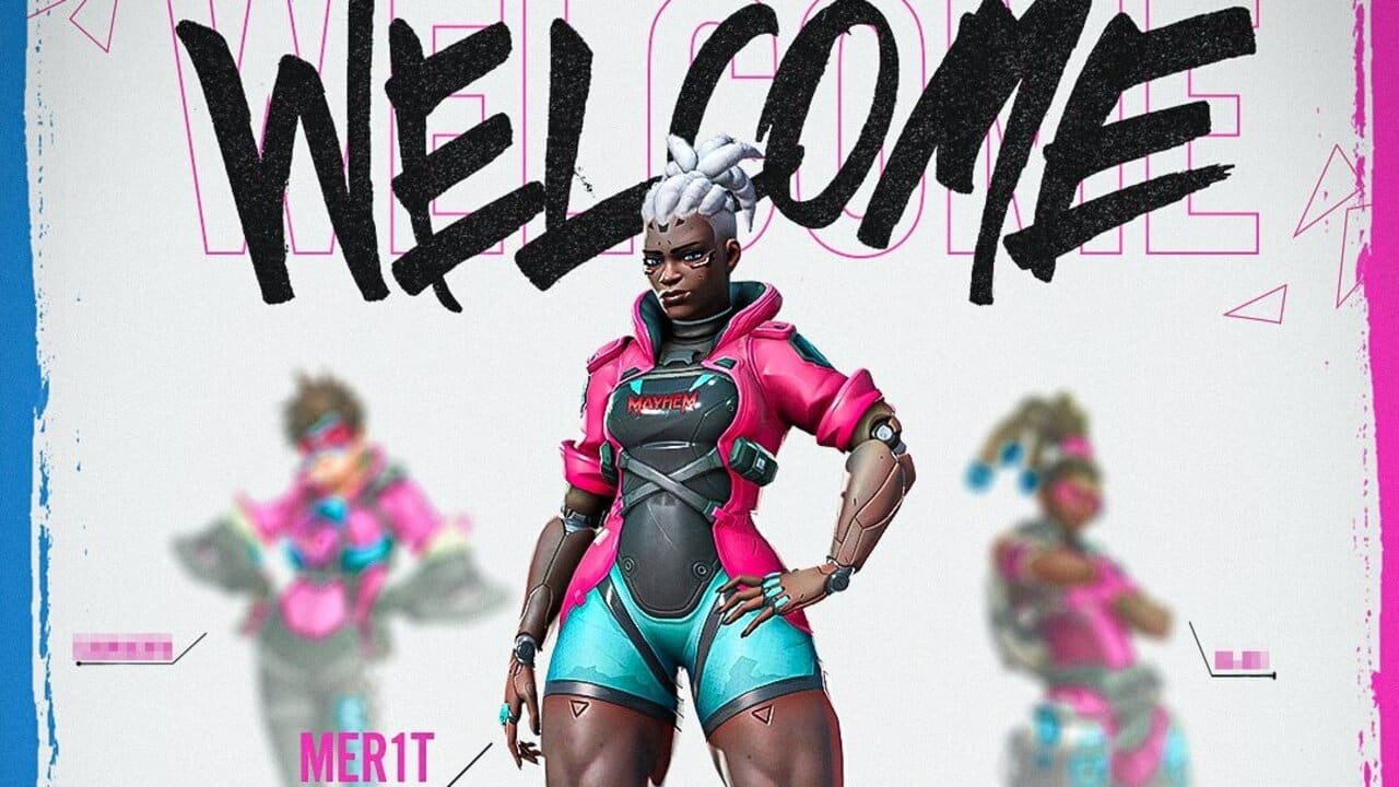 The Overwatch character Lucio appears sporting Florida Mayhem colours with the words "Welcome Mer1t"