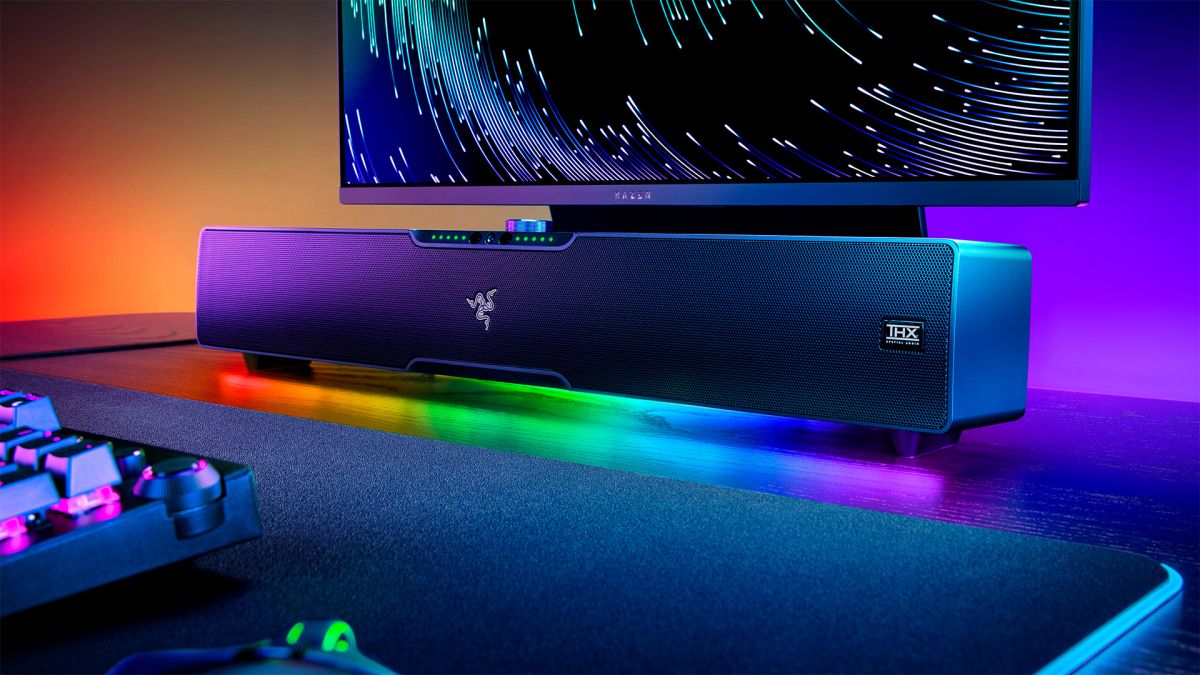 Razer Leviathan Pro V2 soundbar on a desk.