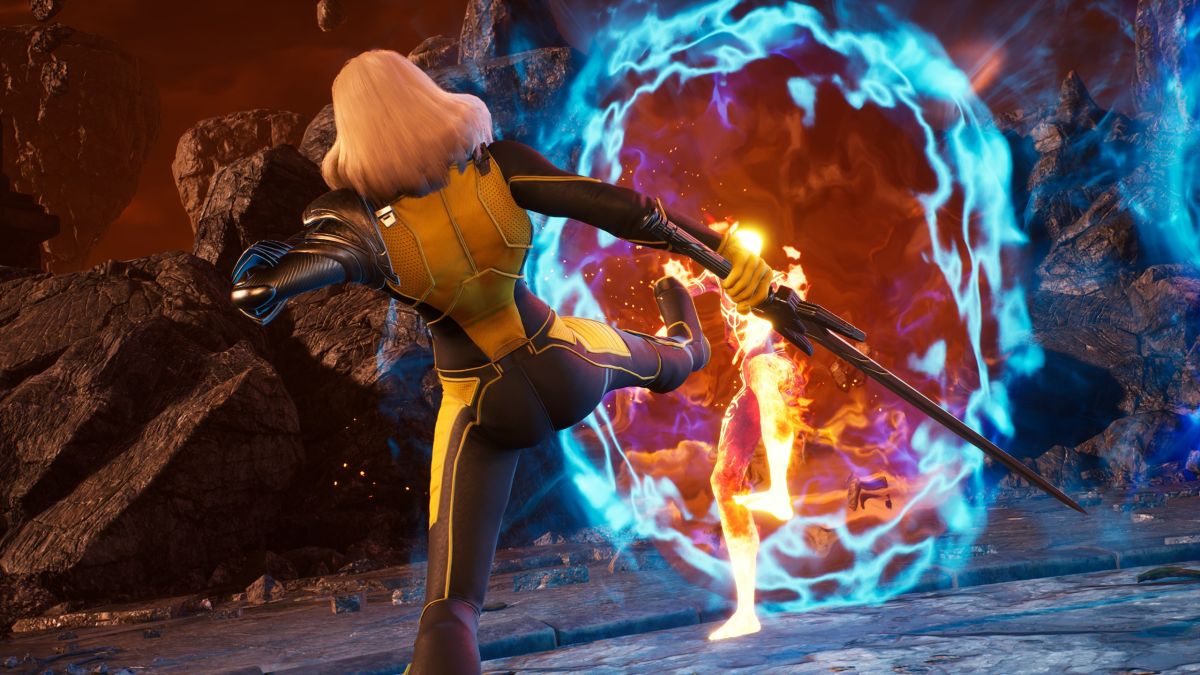 Magik kicks an enemy into a portal