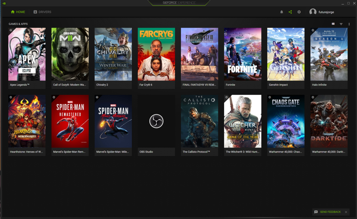 Nvidia GeForce Experience app homepage.