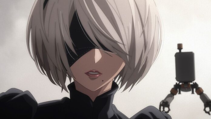 An image from the Nier: Automata anime showing a close-up of 2B