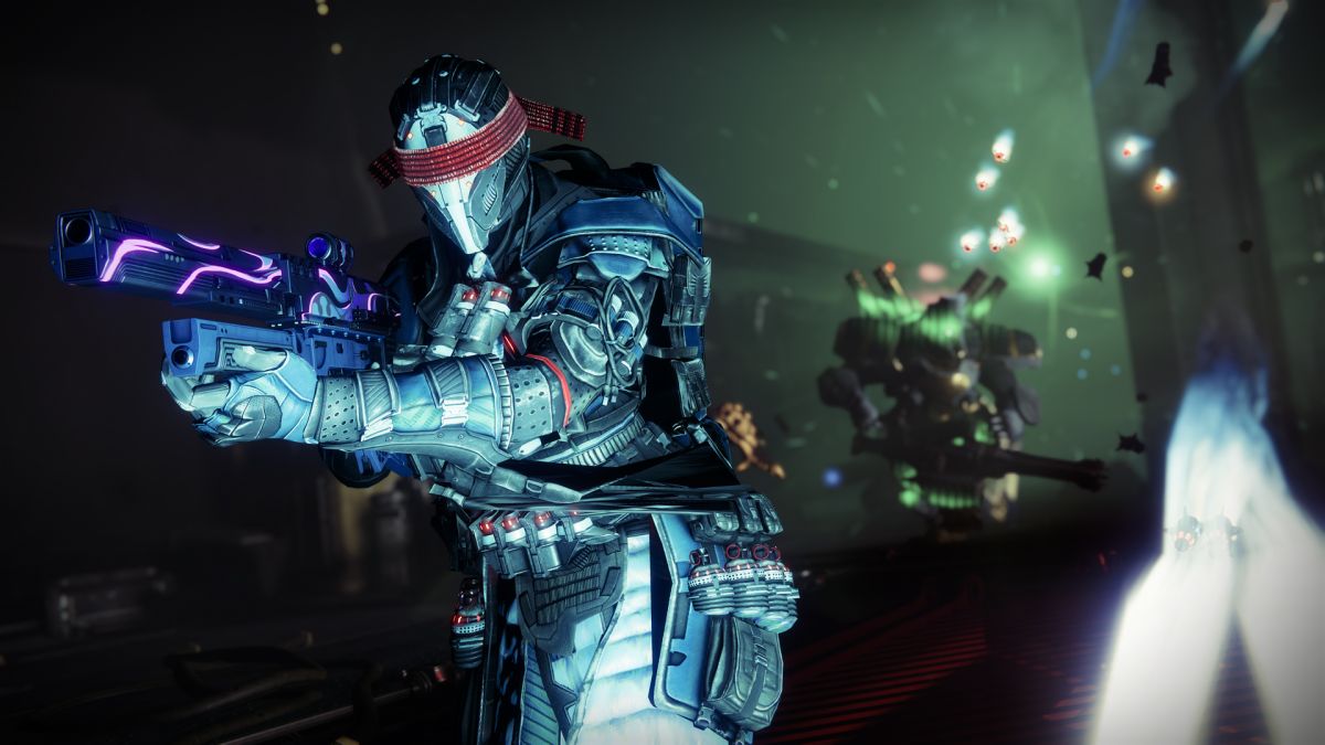 A Guardian holds their sniper rifle. In the background, a Shadow Legion fires a volley of rockets.