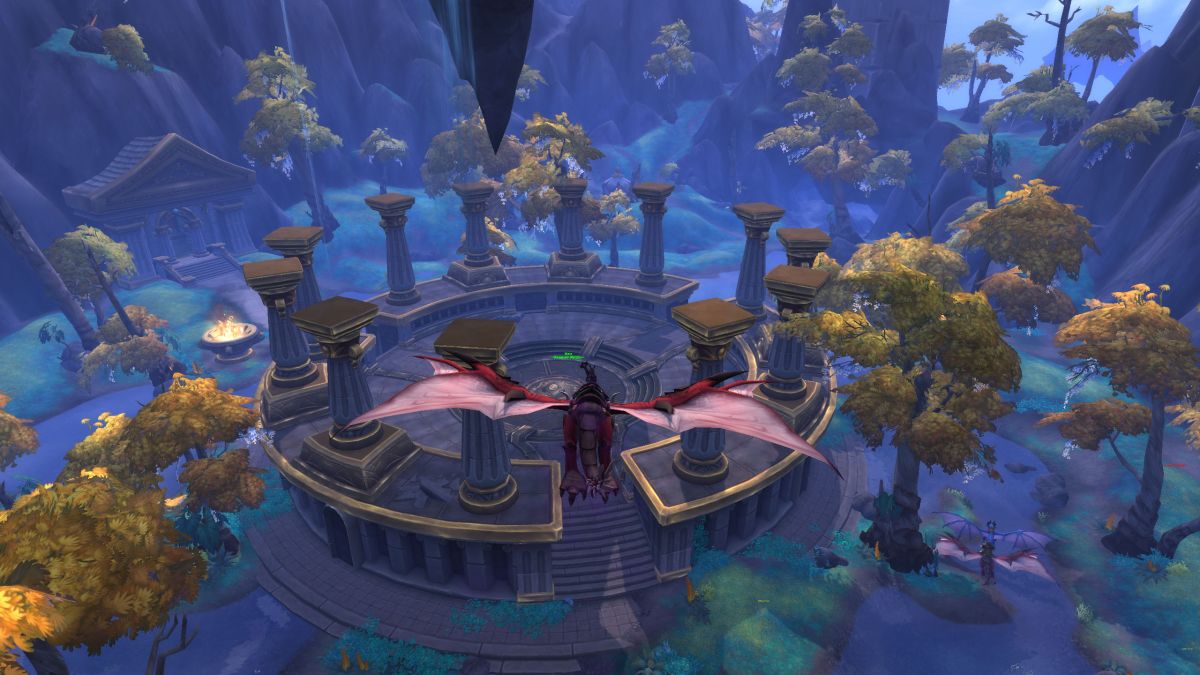 WoW Depth Charge - a player is on a dragonriding mount, flying towards a circular arena with pillars around the outside