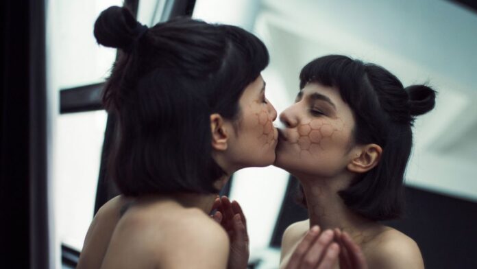 A person kissing themself in the mirror.