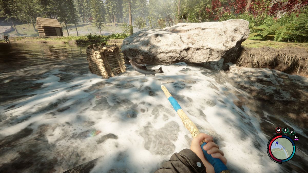 Sons of the Forest - a player holds a spear while standing in a stream where a fish leaps out of the water towards a fish trap