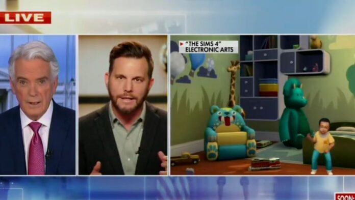 John Roberts and Dave Rubin on Fox News as talking heads next to screenshot of The Sims 4