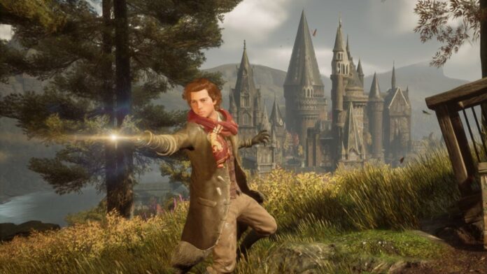 hogwarts legacy wizard casts a spell in front of hogwarts