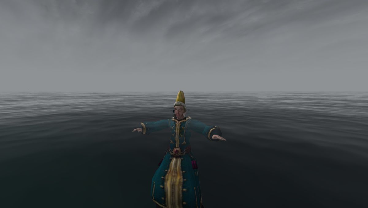 Breton in silly hat swimming in vast ocean