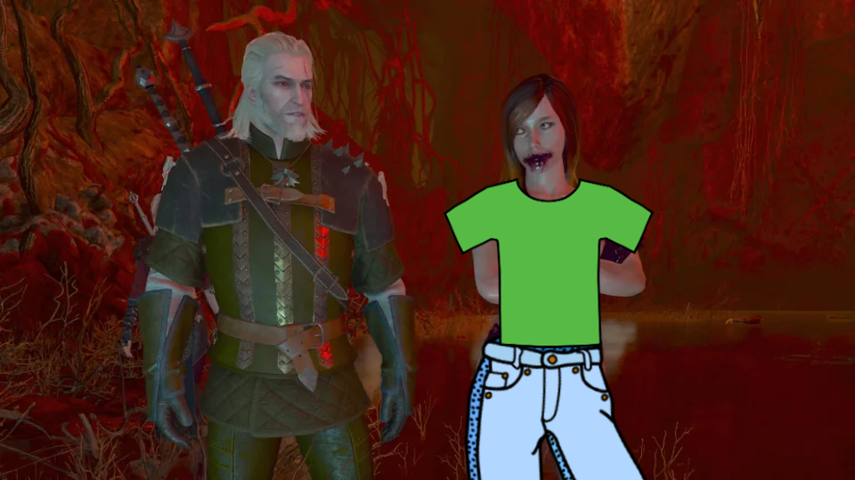 Geralt stands next to a naked woman, covered by simplistic clipart of a t-shirt and jeans.