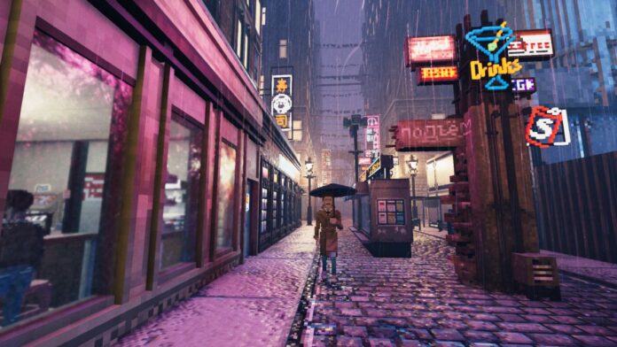 A neon-lit street in Shadows of Doubt
