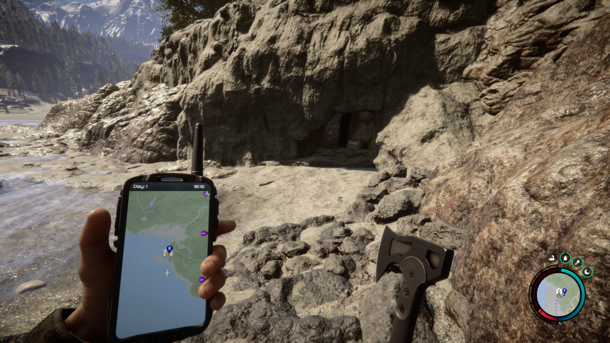 Sons of the Forest rebreather location - a player holds a GPS map showing their location on the north beath while looking at a cave entrance.