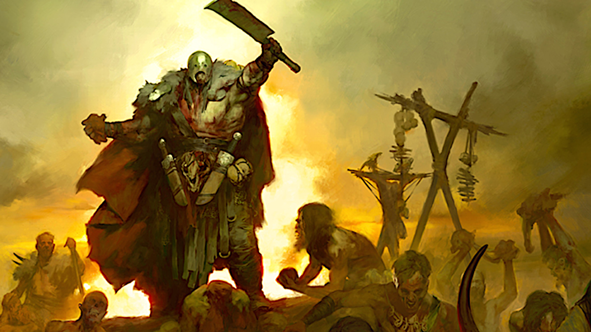 A band of brigands from Diablo 4 swarm through a desolate landscape, with their leader raising a cleaver to the sky.